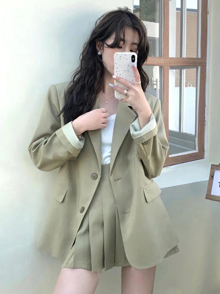 Fashion Spring Autumn 2 Pieces Outfits Suits Women Ladies Clothes Preppy Style Tops Coat Blazer Suit And Pleated Mini Skirt Set