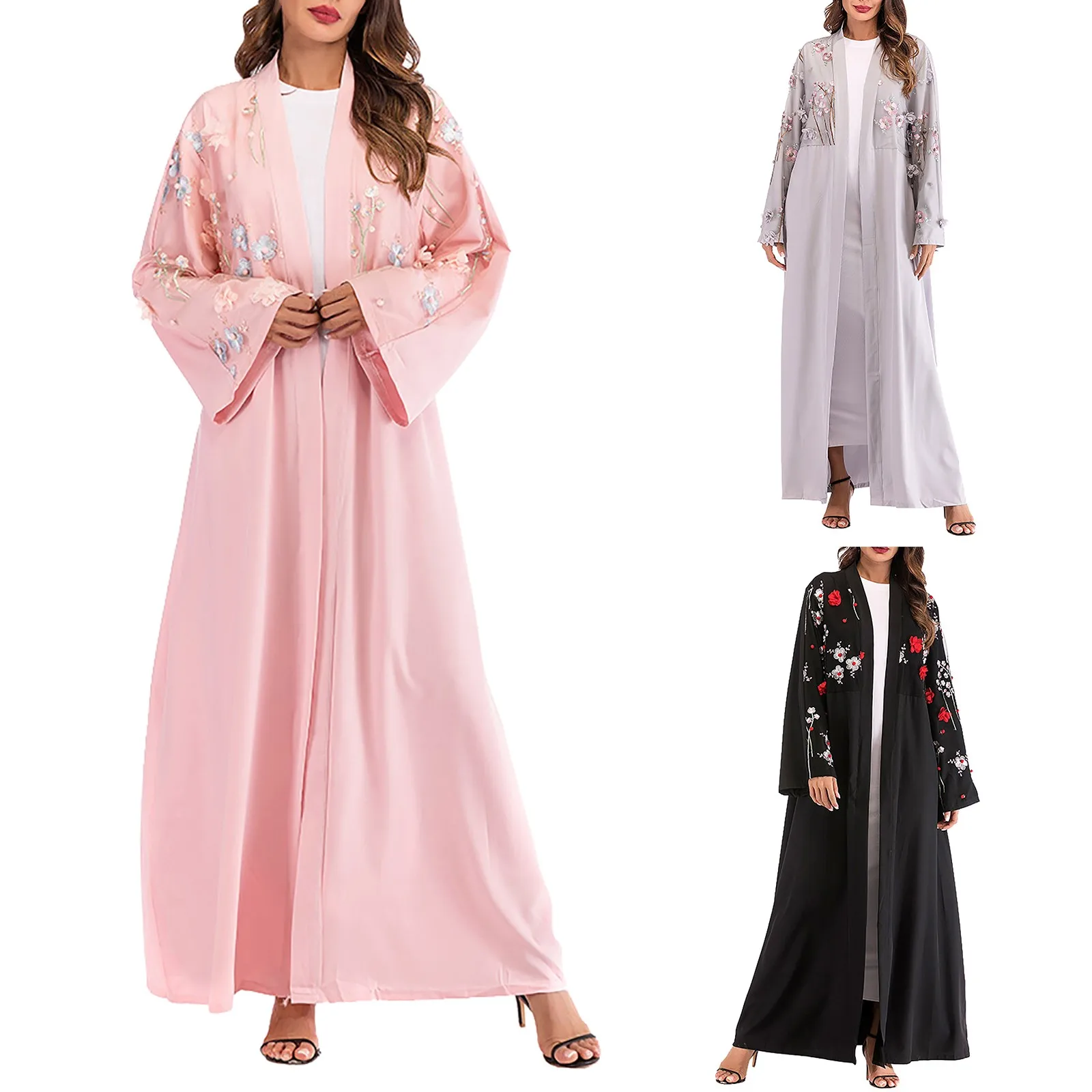 

Dress For Women Summer Elegant Casual Muslim Dresses Three Flower Mesh Loose Fitting Cardigan Robe Long Sleeve Ankle Sundress