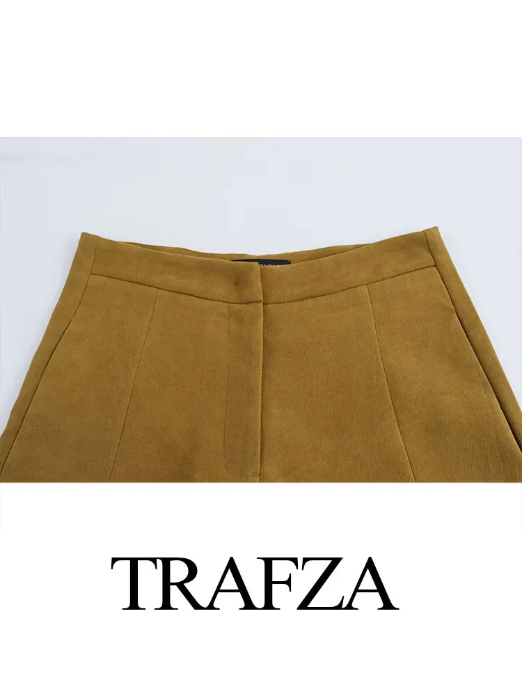 TRAFZA 2024 Women\'s Fashion Slim V Neck Single Breasted Blazer 2-piece Retro High Waist Khaki Women\'s Loose Bloomers Suit