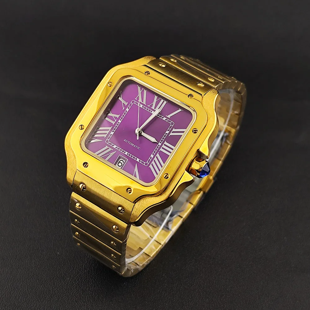 New NH35 Square Watch Gold Watch Purple Dial with Date Men's Watch Customized Logo Roman Dial NH35 Movement Watch