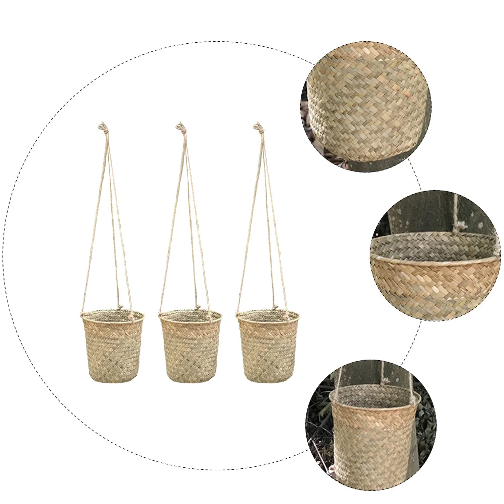 

3Pcs Handcrafted Hanging Flower Baskets Stylish Fresh Woven Plant Basket Desktop Storage Container for Living Room Bedroom Home