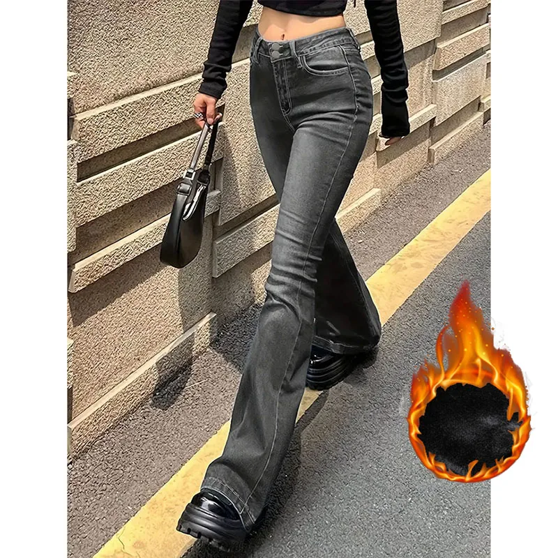 여성 하이 웨이스트 플러시 플레어 청바지, 여성 하이 스트리트 고스 두꺼운 벨 바텀 팬츠, 여아 패션, 블랙 그레이 Y2k 데님 바지
