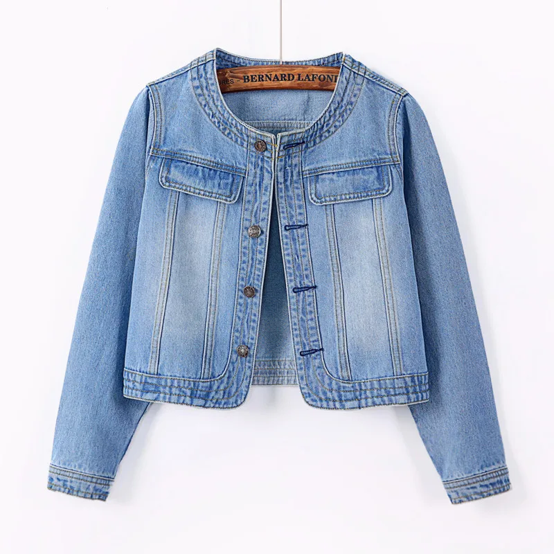 S-5XL Women Denim Jackets Spring Three-Quarter Sleeve O-Neck Single-Breasted Washed Jean Short Jacket Female Casual Outerwear