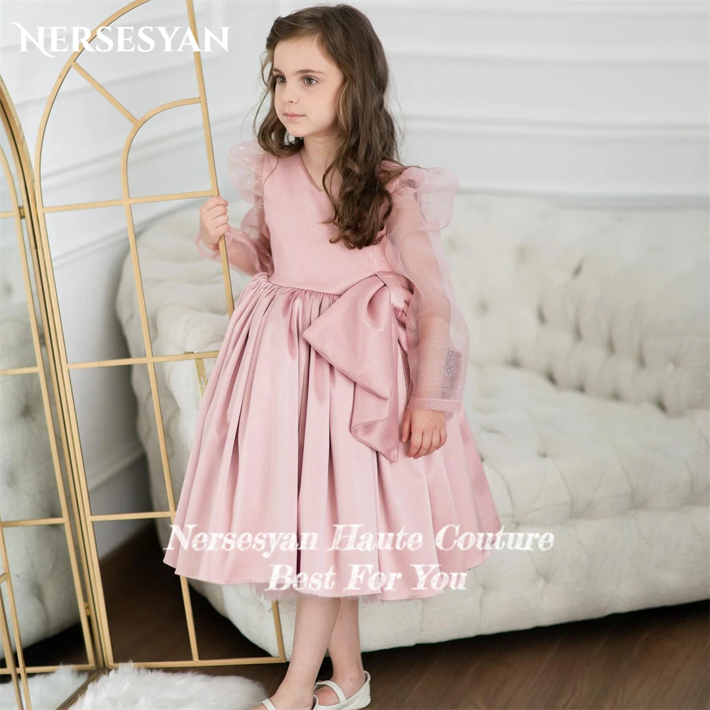 Nersesyan Pink Elegant Flower Girl Dresses For Wedding Cap Sleeves A-Line Side Bow Solid Pleats Children Occasional Party Gowns