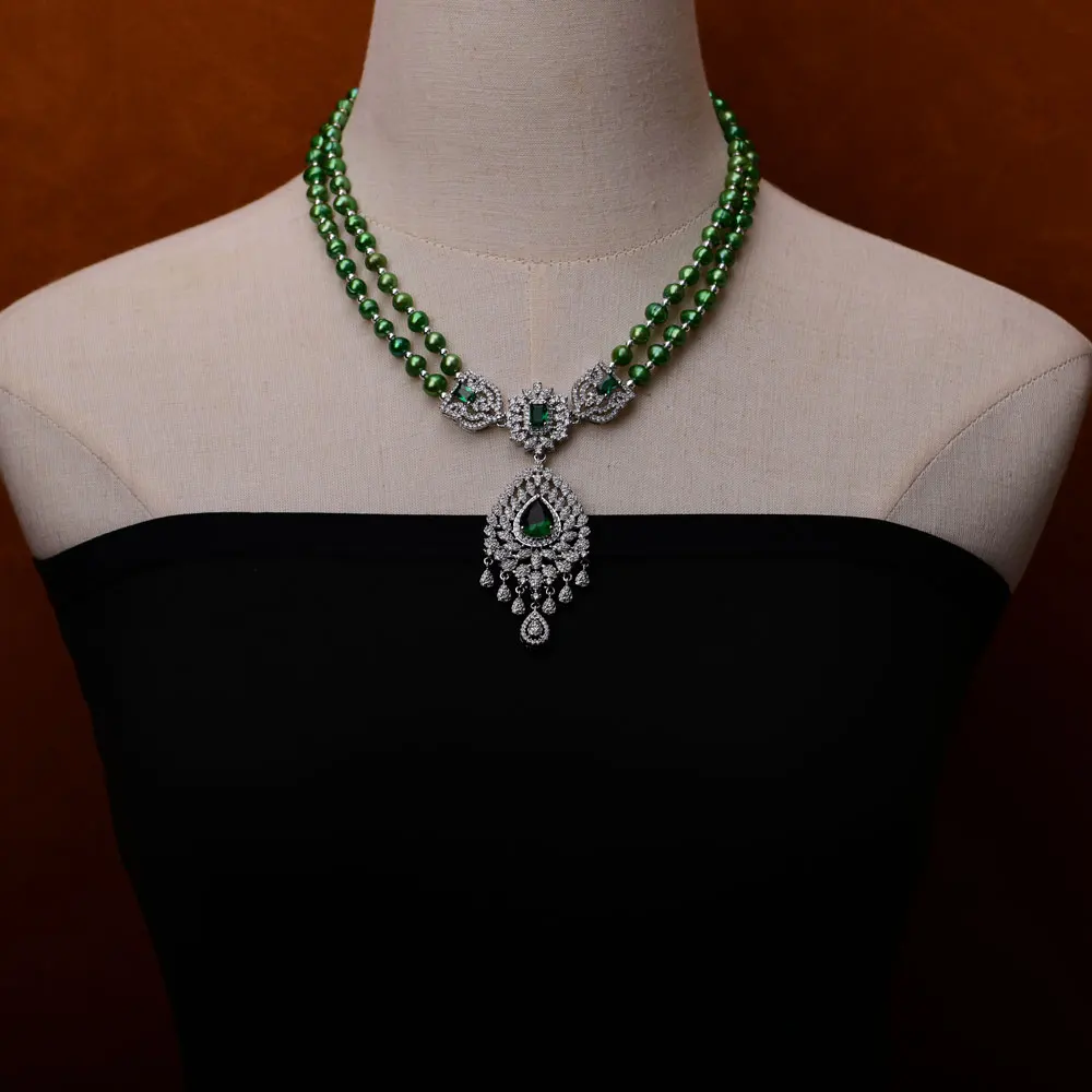 G-G 2 Strands Green Cultural Pearl Cz Pave Pendant Necklace Gemstone Necklaces Jewelry Women