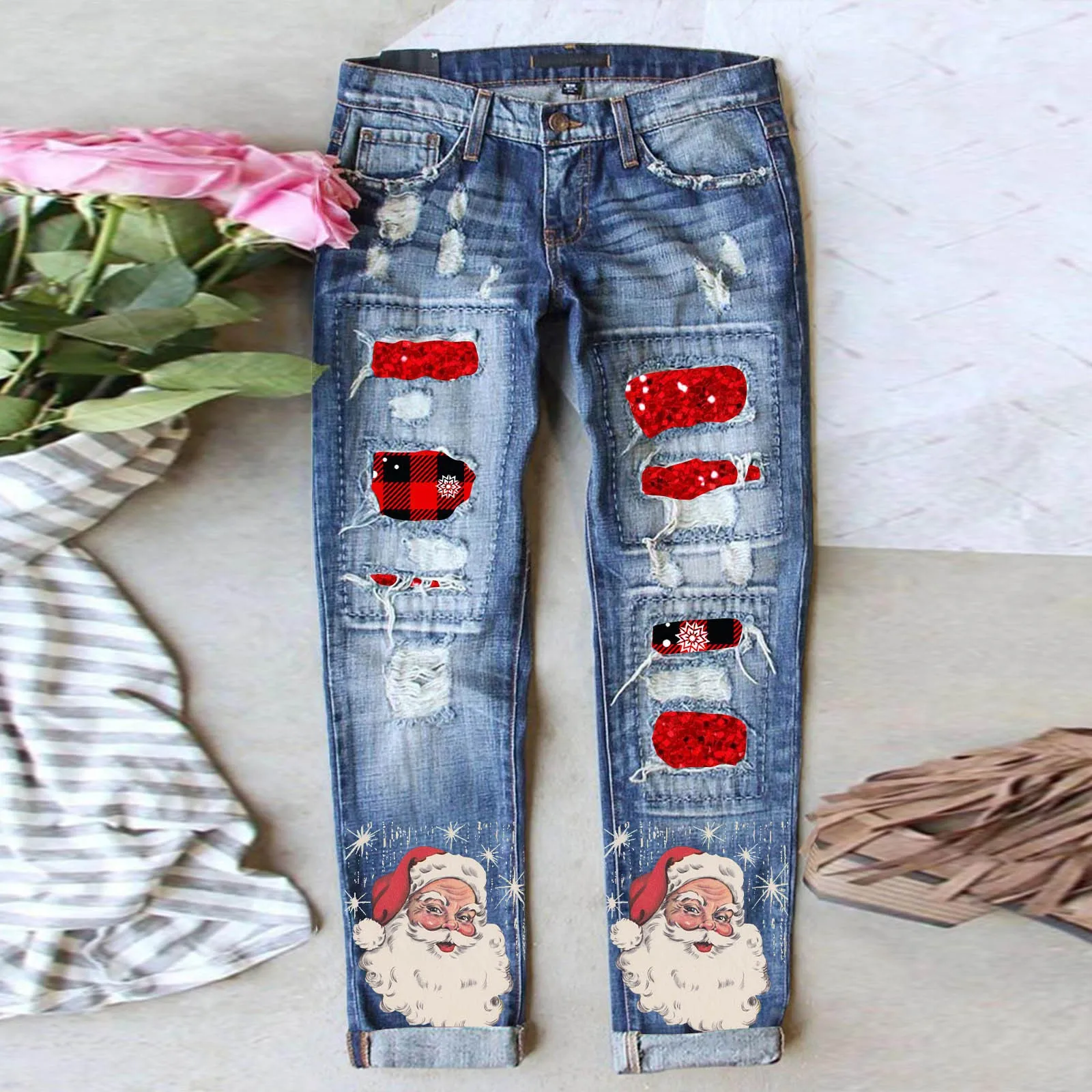 

2024 Straight-leg Jeans Christmas Printed Street Trend Blue Distressed Mid-waist Trousers Printed Design Slim Fit Denim Pants