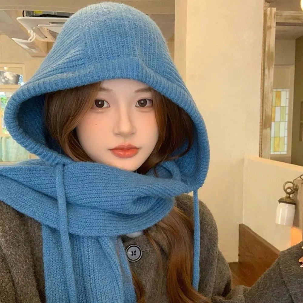 Koreanischer Winter-Stil: Balaclava-Mütze, einfarbig, dick gestrickt, Kapuzenschal-Kombination, gemütlicher Fleece, winddicht, integrierter Nackenwärmer – Detail 12