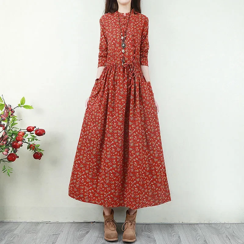

Retro literary Buckle Broken Flowers Cotton And linen Dress For women 2025 Spring Autumn Large Size Loose Female Long Dresses