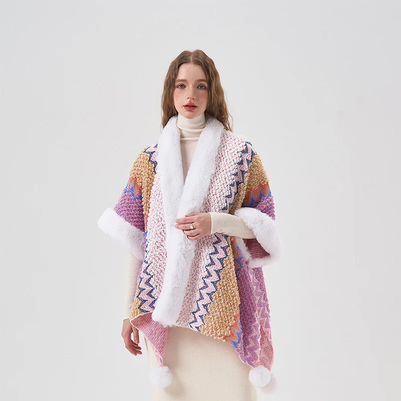 2023 New Ethnic Style Outfitted with Cold Resistant Split Cape with Fur Collar Thickened and Warm Multifunctional Women's Shawl