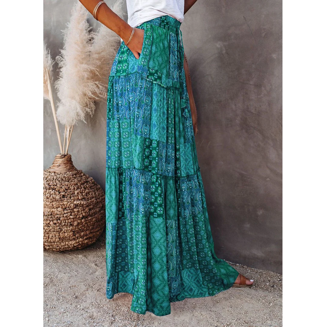 Bohemian High Waist Maxi Skirt Self-tie Elastic Pocket Long Skirt for Women  Summer  Holiday Beach Skirt AM5202