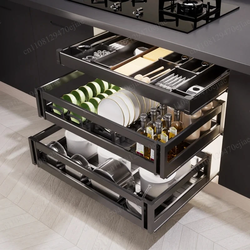 Three-Layer Kitchen Cabinet Pull-Out Basket, Aluminum Alloy Drawer Dish Organizer, Built-In Bowl Rack with Tool Storage
