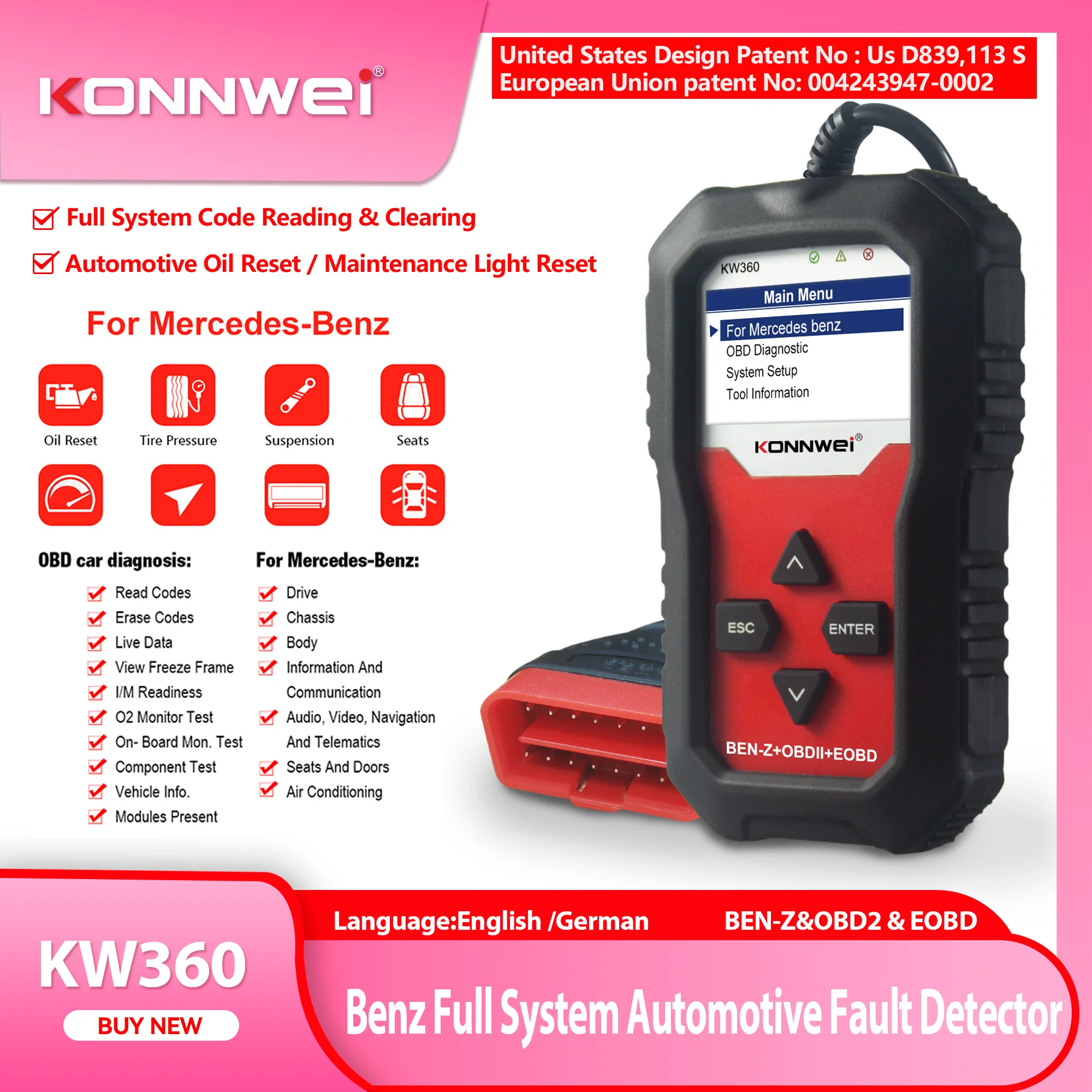 

2025 New KONNWEI KW360 Car Full Systems OBD2 Scanner for Benz Car Diagnostic Tool for C300 W204 W205 W211 ABS Airbag Oil Reset