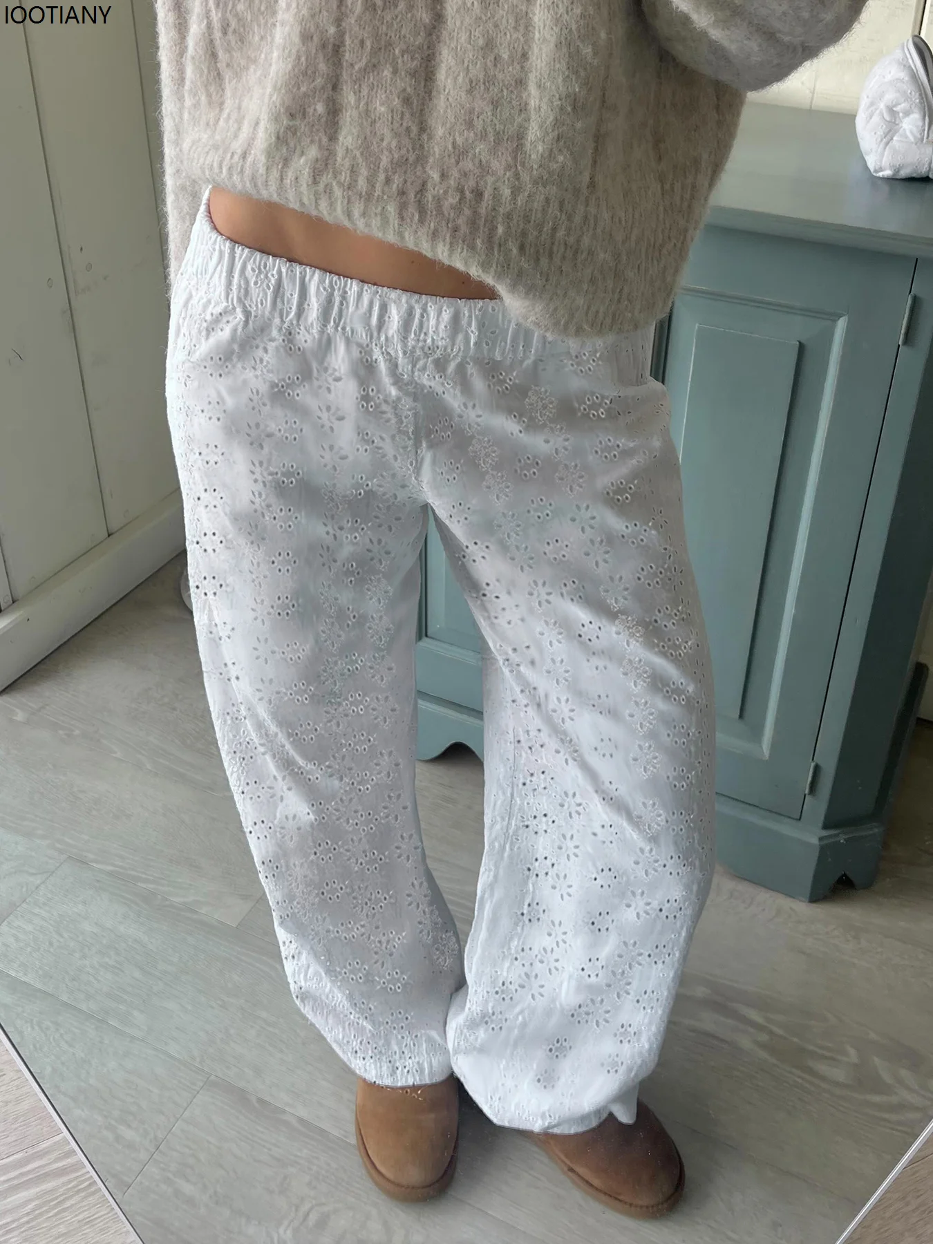 

Hollow Knitted Casual Pants White Low Waist Loose Straight Pants Summer Fashion Y2k Beautiful Women's Holiday Style Trousers