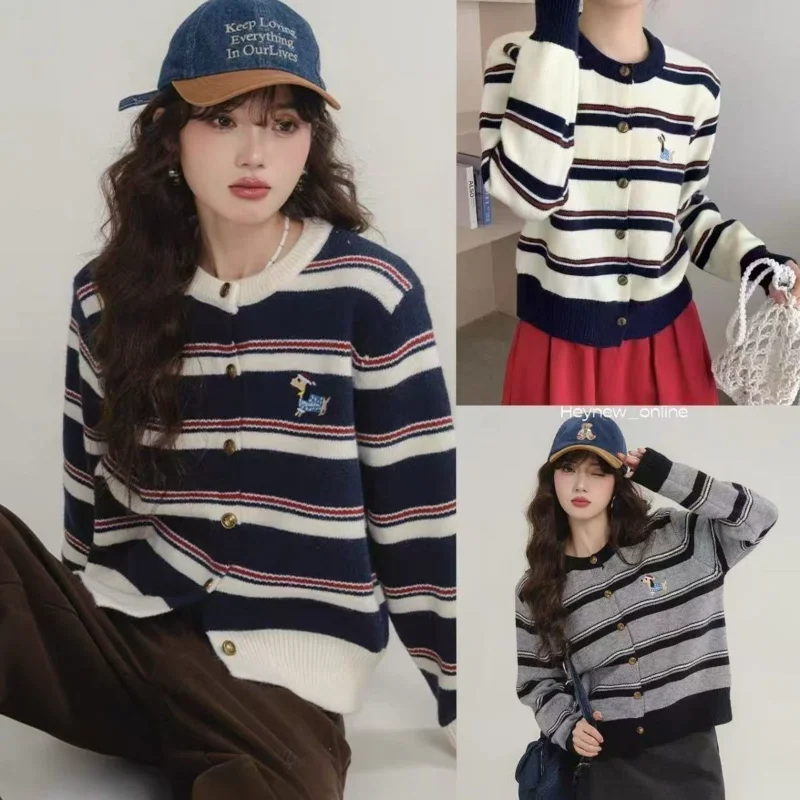 New Striped Contrast Color Round Neck Knitted Cardigan Women's Sweater Puppy Embroidered Top Loose Long Sleeve Jacket