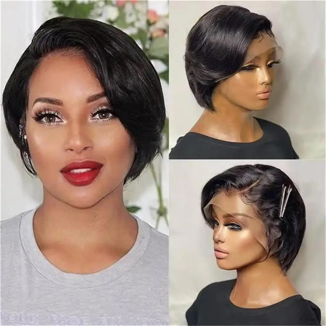 Perruque Brésilienne Naturelle avec Bonnet en Dentelle Transparente, Cheveux Courts et Lisses, Coupe Pixie, Partie T, Pre-Plucked, pour Femme