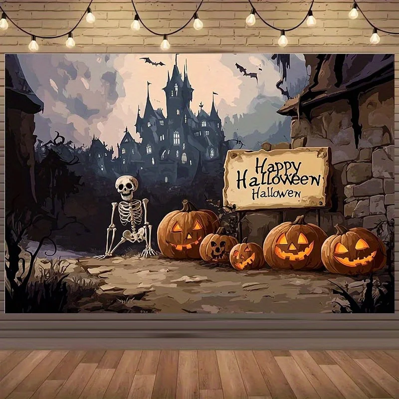 قطعة واحدة من خلفية الهالوين الهوائية مع بيت الأشباح والهيكل العظمي وديكورات اليقطين - احترافية