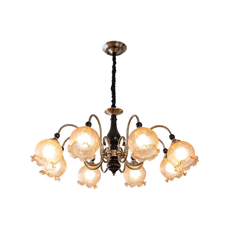 

New French antique living room chandelier lotus lampshade American retro solid wood bedroom room light dining room lamp