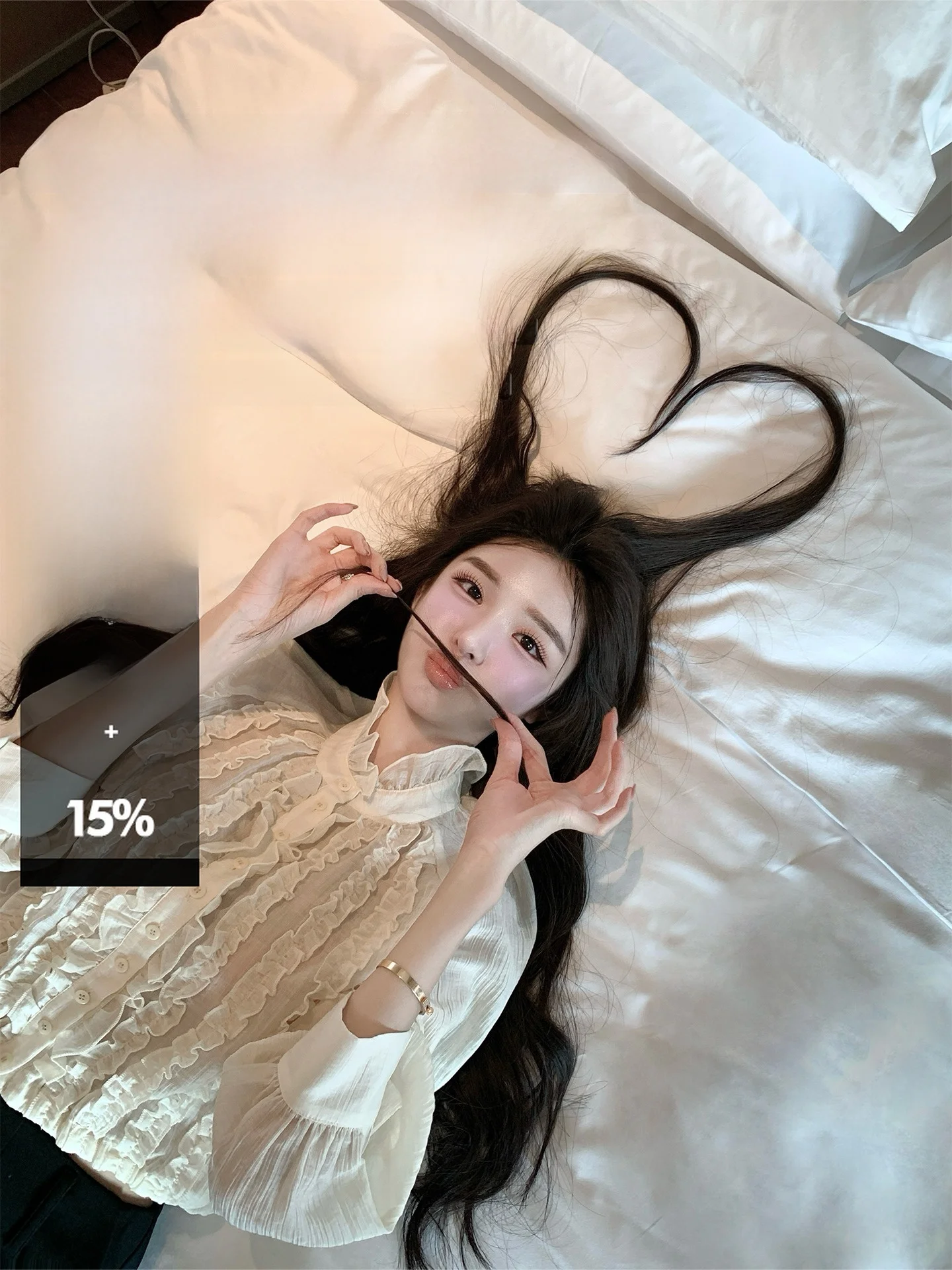 

Korean Rain Soft irt Women's Heavy Work Lantern Sve Lace Top Slimming Effect Pure Color Stand Collar Button Closure Long...