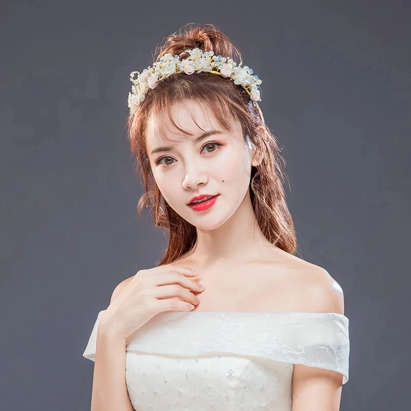 Gold Flower Tiara Headbands Pearl Crystal Bridal Hair Accessories For Women Wedding Hairbands Handmade Headpiece Hair Ornaments