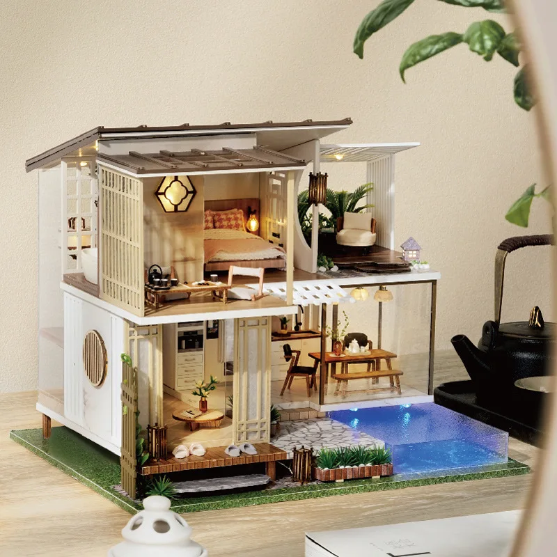 DIY Wooden Modern Loft Casa Miniature Building Kits Assembled Dollhouses With Light Bookshelf Home Decor Friends Birthday Gifts