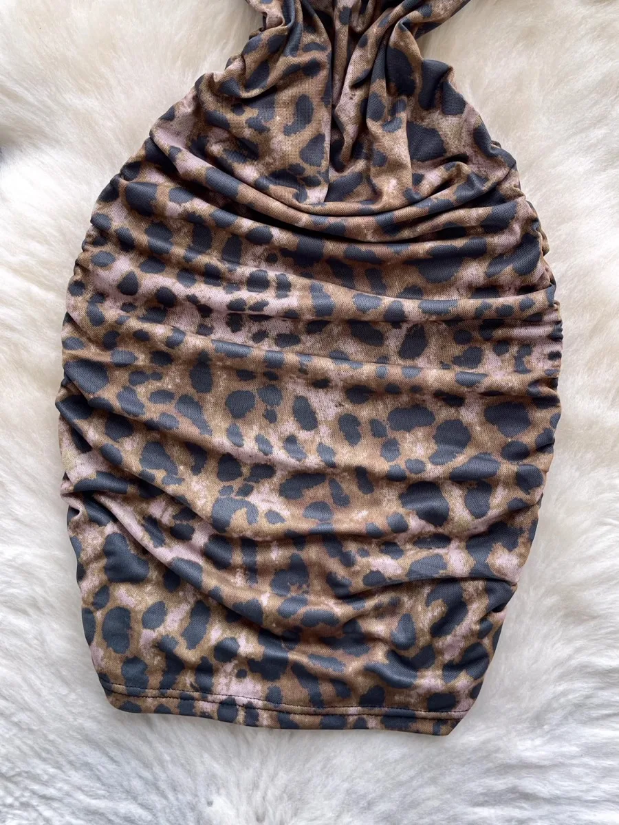 Foamlina halter amarrar leopardo impressão vestido feminino sexy quente menina recorte sem mangas cintura cinched bodycon mini night club vestido