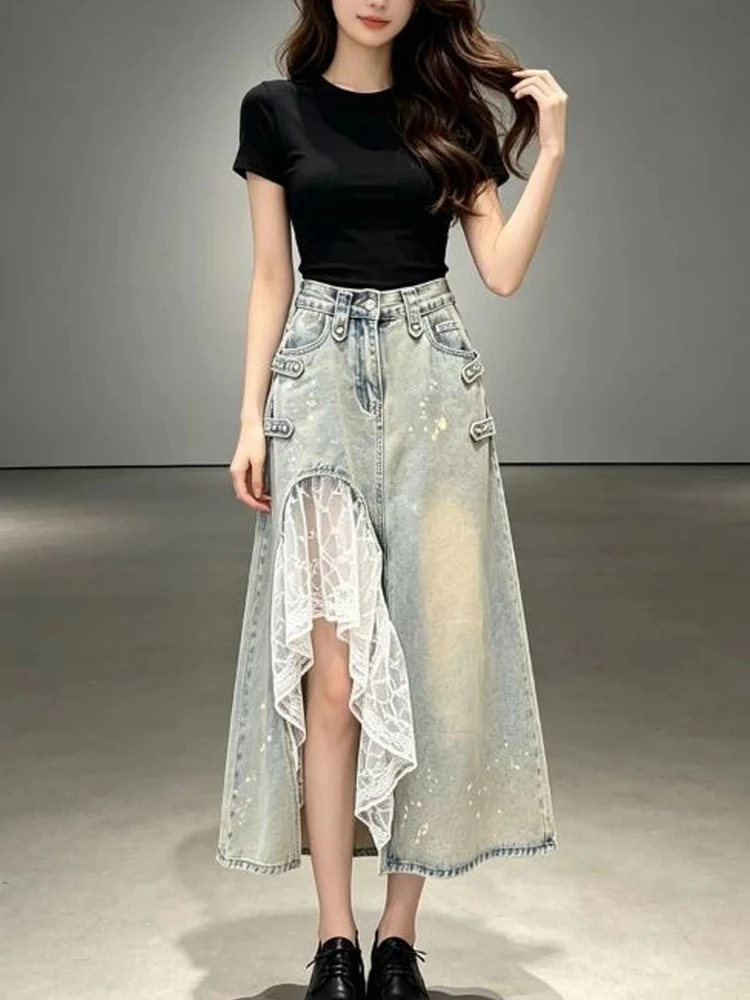 

Skirt Indie Design Irregular Lace Patchwork Slit Denim Women Summer New Trendy Chic Pretty Washed Distressed Midi Skirts