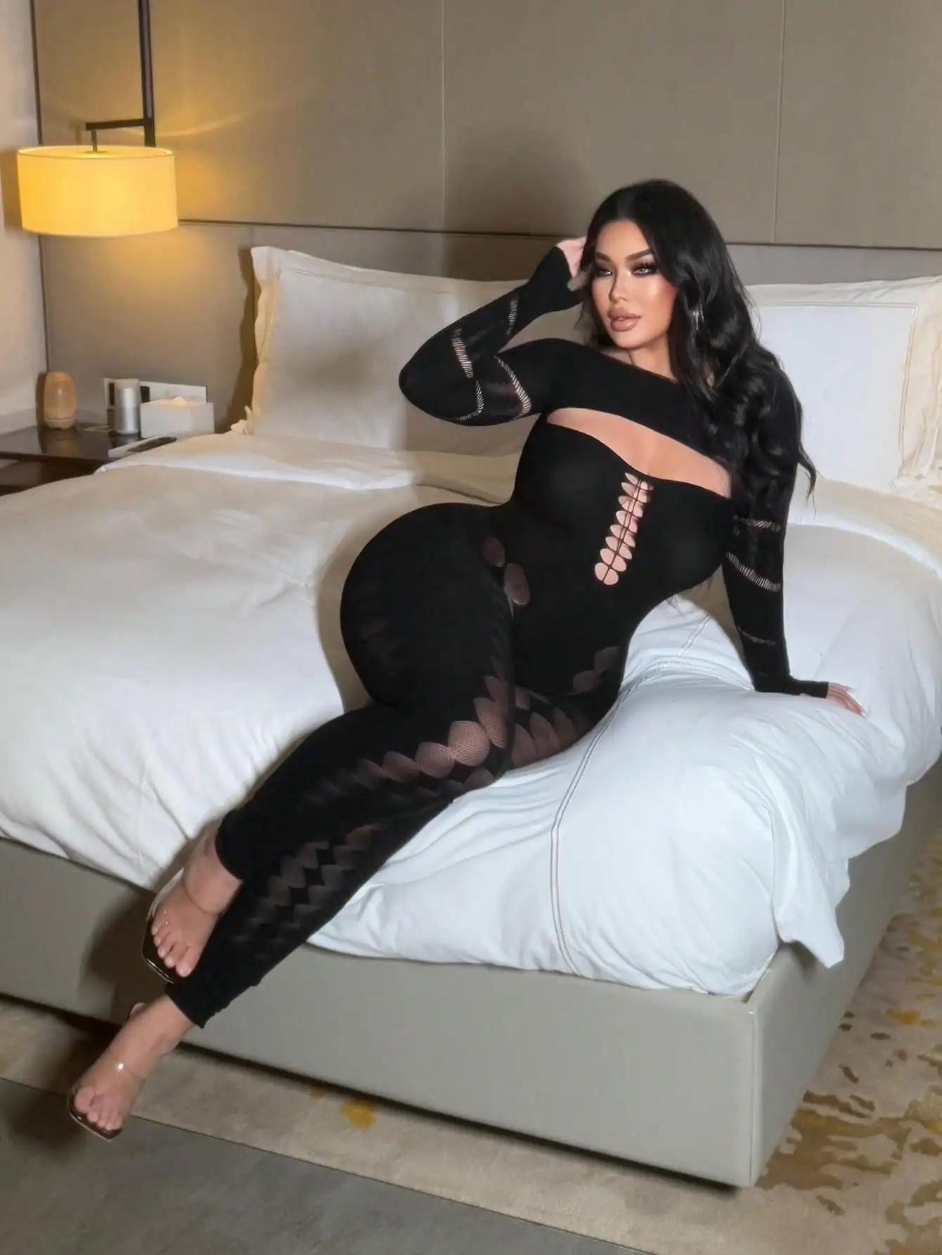 

Women'Sexy Jumpsuits Full Sleeve Mesh Hollow Out Night Club Cutout Bodycon One Piece