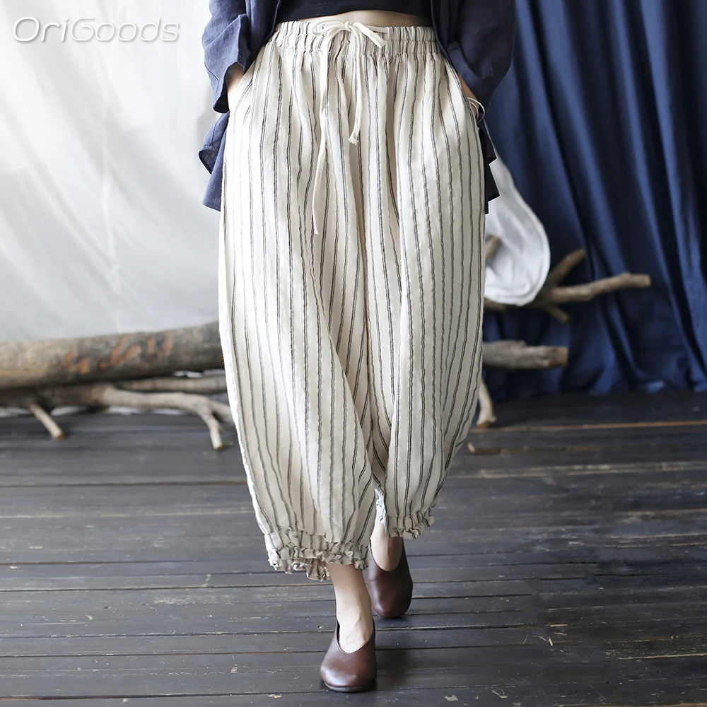 OriGoods Striped Pants Woman Drawstring Elastic Waist Cotton Linen Summer Pants Women Loose Capri Harem Pants Korean Style X069