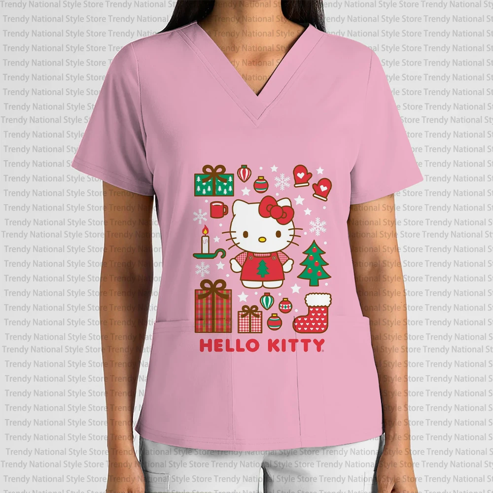 عيد الميلاد مرحبا كيتي الكرتون طباعة المرأة التمريض موحدة الخامس الرقبة قصيرة الأكمام جيب متجمد تي شيرت صالون تجميل موحدة