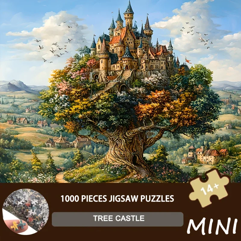 لغز صغير الحجم لغز شجرة القلعة 1000 قطعة ورقة بازل قطع لمحبي الطبيعة 38x38 سنتيمتر طباعة الغابات المسحورة