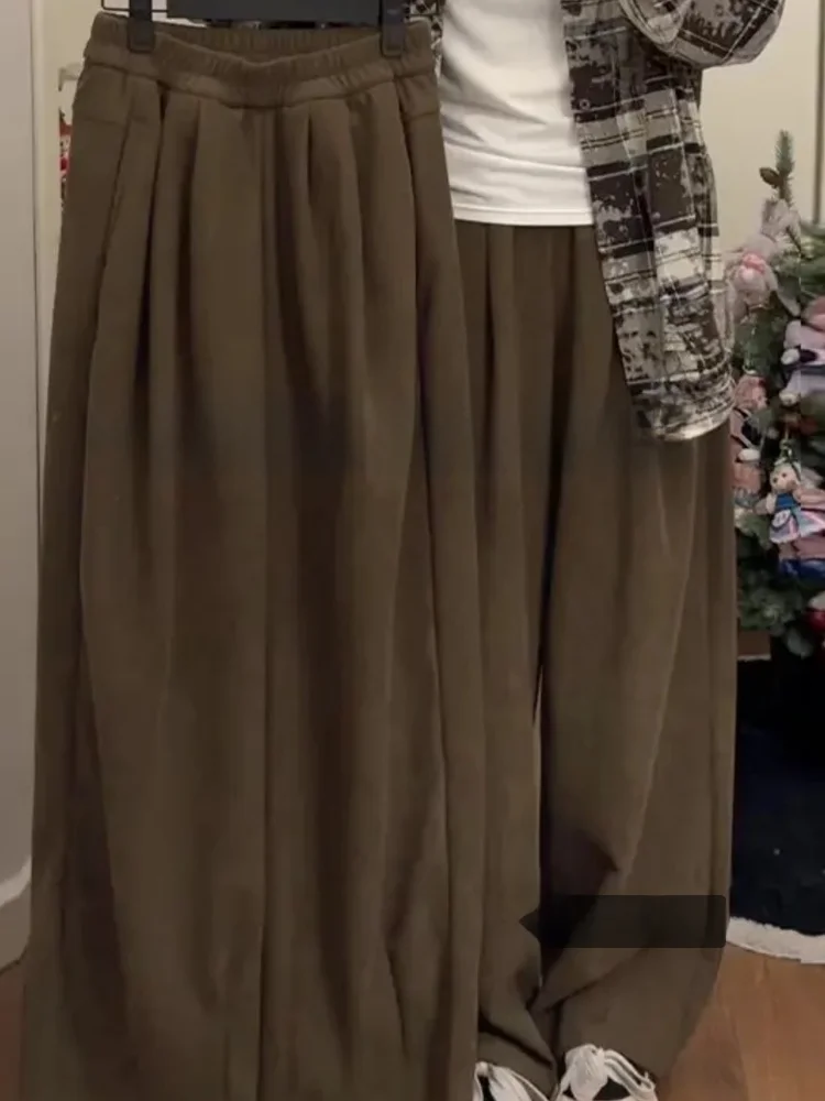 

Коричневые широкие брюки для женщин: свободные, струящиеся, повседневные, в стиле Lazy Samurai, с высокой талией, на резинке, прямого кроя, для офиса и на каждый день