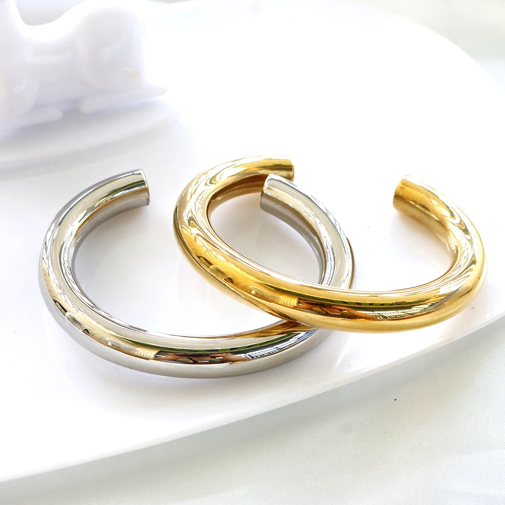 Women's Thick Tube Cuff Bangle Bracelet, Stainless Steel