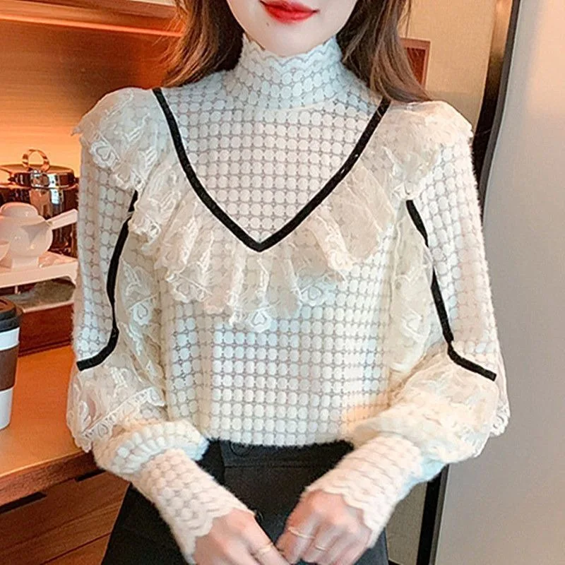 Fleece Lined High Neck Ruffle Blouse Women Autumn Winter Bell Sleeve Lace Elegant Warm Top S-6XL