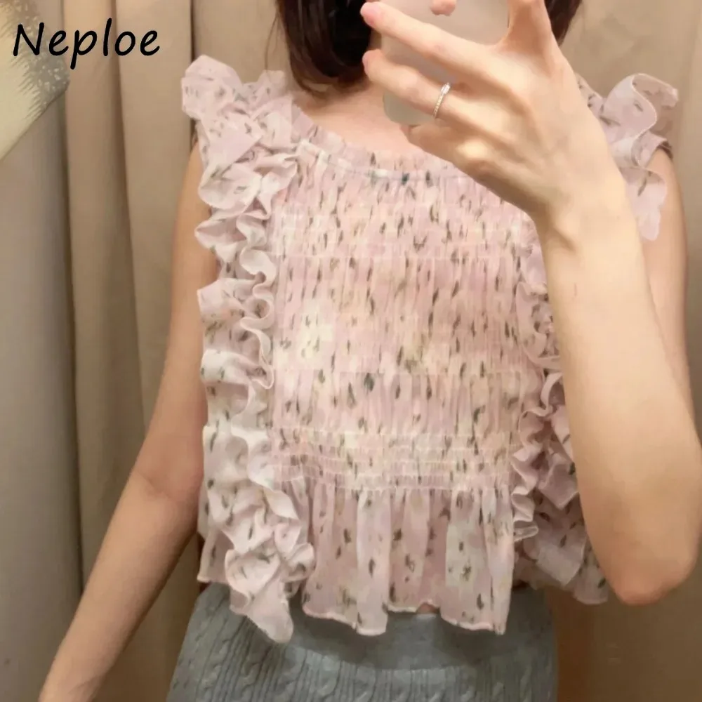 Neploe Sweet O Neck Sleeveless All-match Print Shirt Fungus A-line Pullover Bow Casual Blouses Japan New Fashion Mesh Blusas