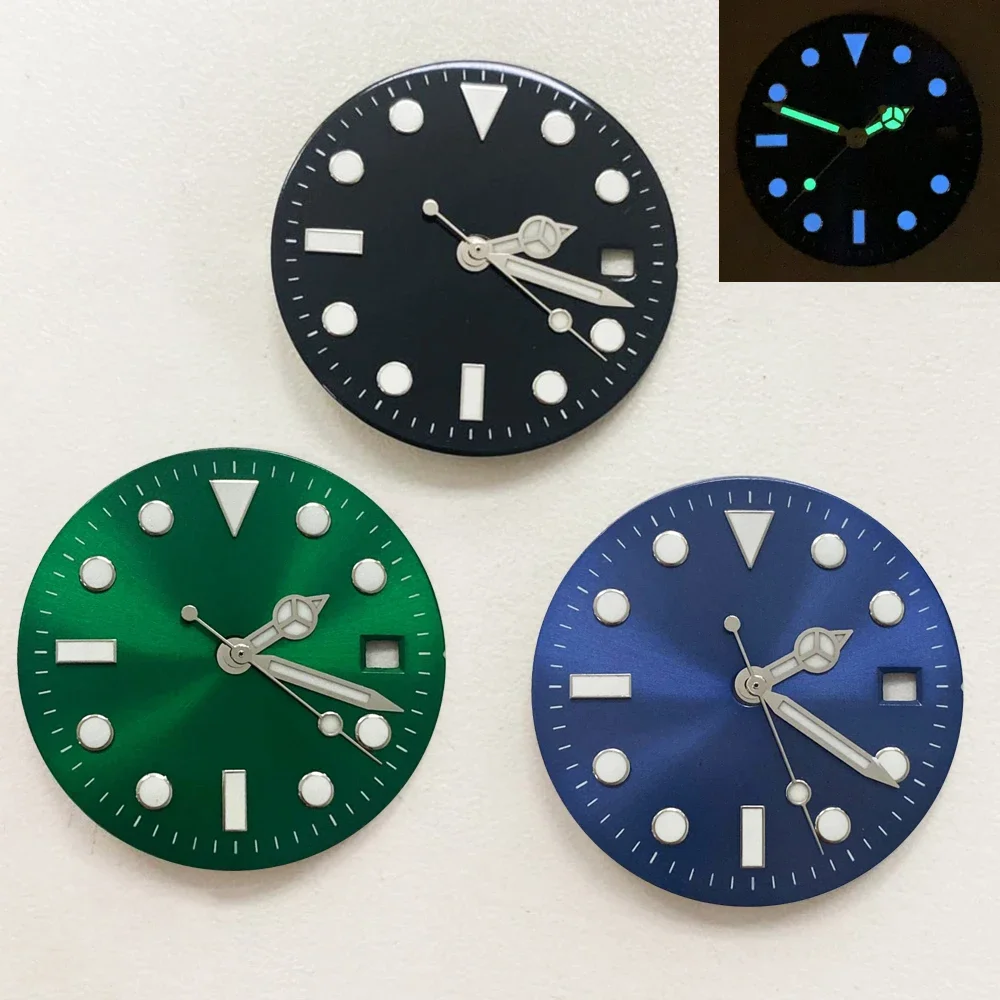 29mm Blue Luminous Watch Dial + Green Luminous Hands Watch Face Replacement Accessories Set for 8215/8200/821A/2813 Movement