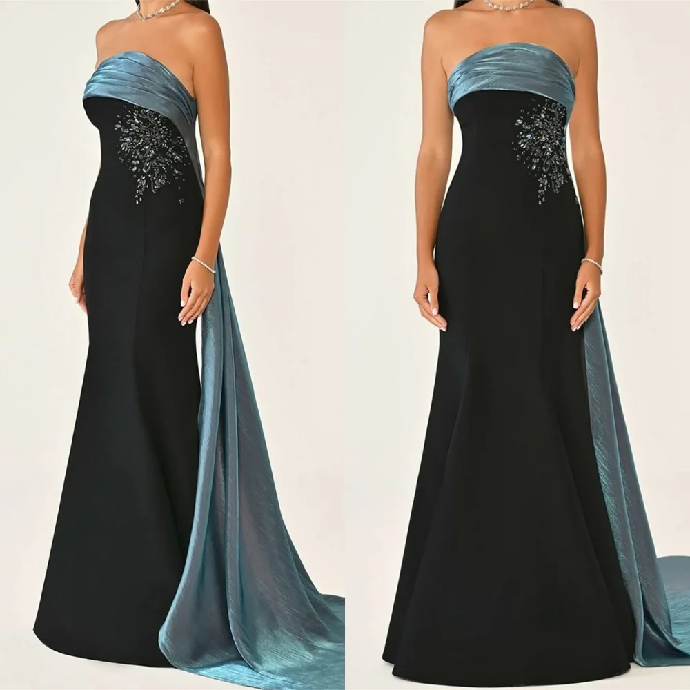 فستان سهرة جيرسي أسود رقيق مخصص أنيق بدون حمالات بدون أكمام لحفلات العودة للوطن كلاسيكي بسحاب خلفي للحفلات