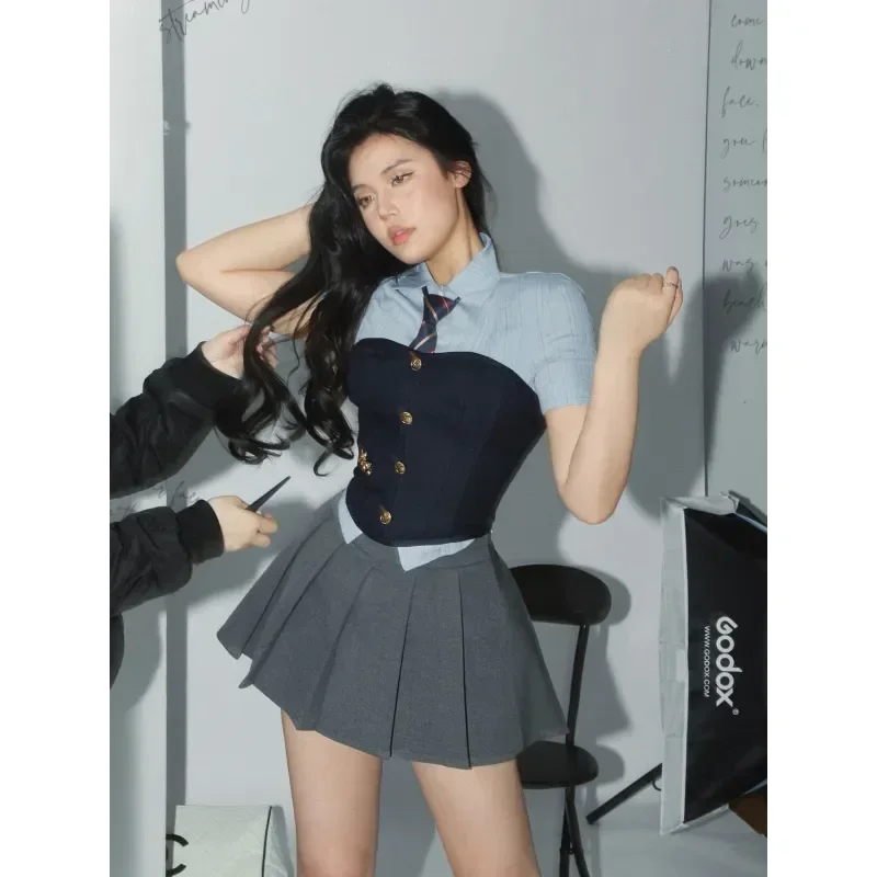 Uniforme escolar plissado para mulheres, colete quente, terno sexy, tubo japonês, manga curta, parte superior do espartilho, menina, camisa coreana, Y2k