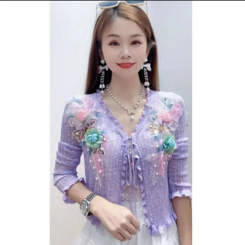 Beaded Drill Cardigan Flower Three-dimensional Jacket Knitted Jacket