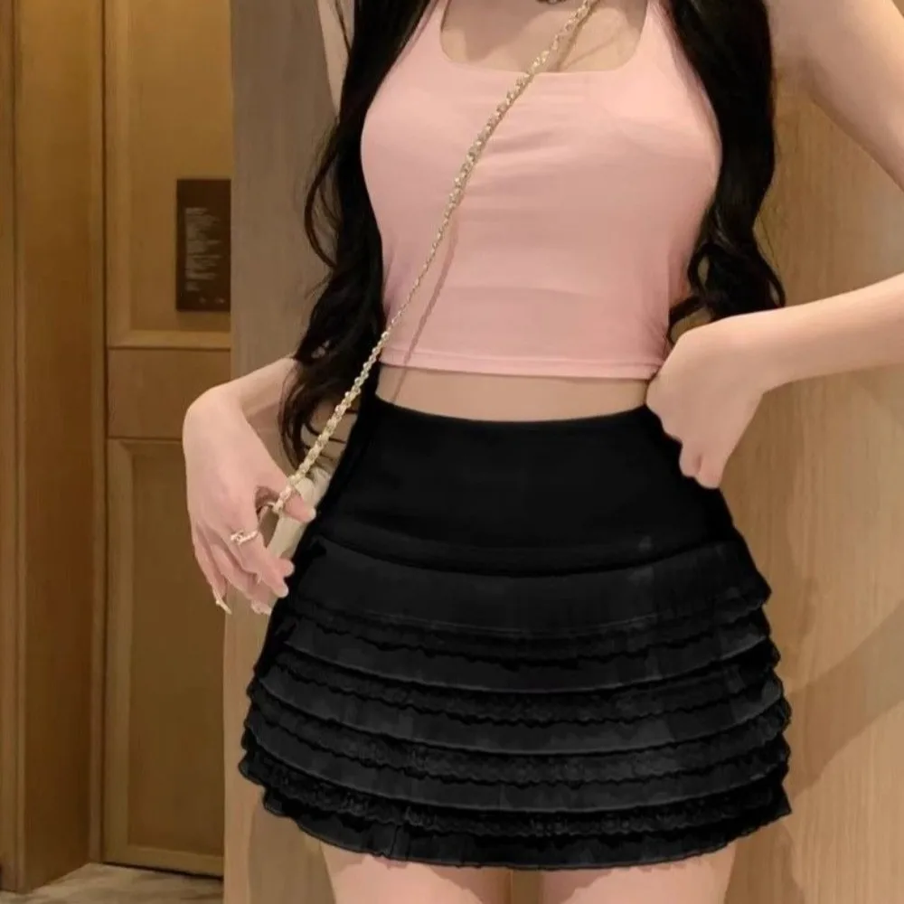 

Fashion Sweet Lace Pleated Skirt Slimming with Safety Pants A- Line Skirt High Waist Cake Skirt Summer