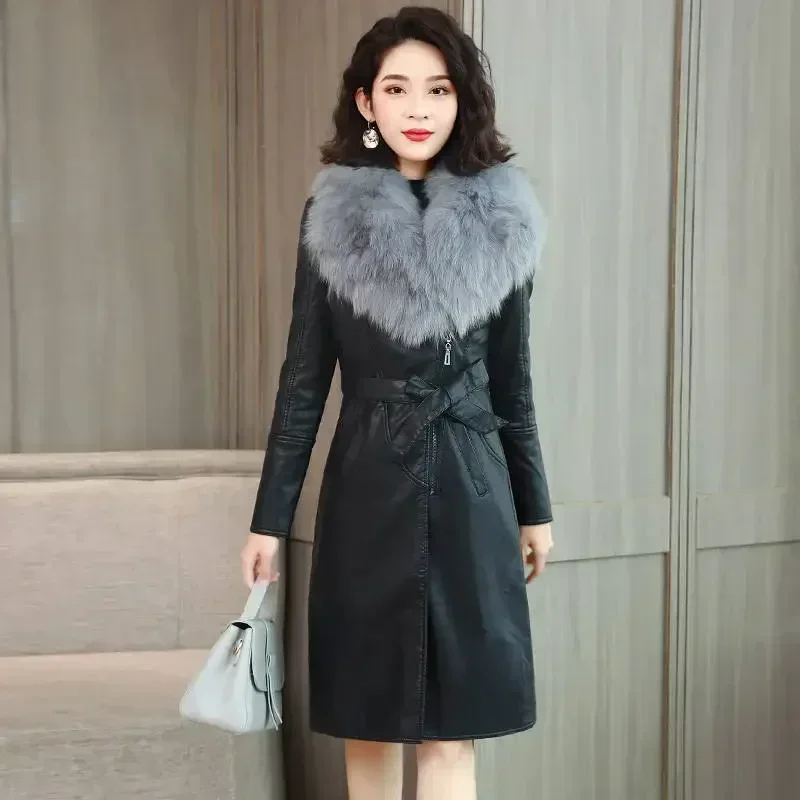 WTEMPO Large Fur Collar Winter Leather Jacket Women Plush Thickened Mid Length Korean Slimming Waist Closing Leather Jacket