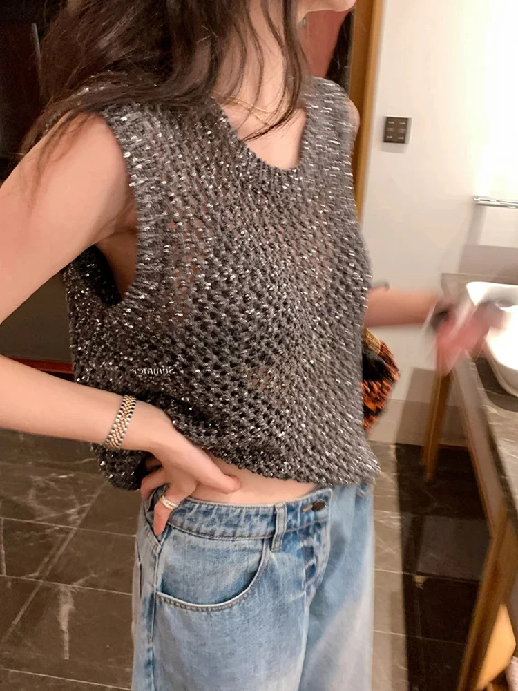 

Korean Sle Unique Hollow out Lightweight Svel round Ne Vest Transparent Faionable Women's Camere Top