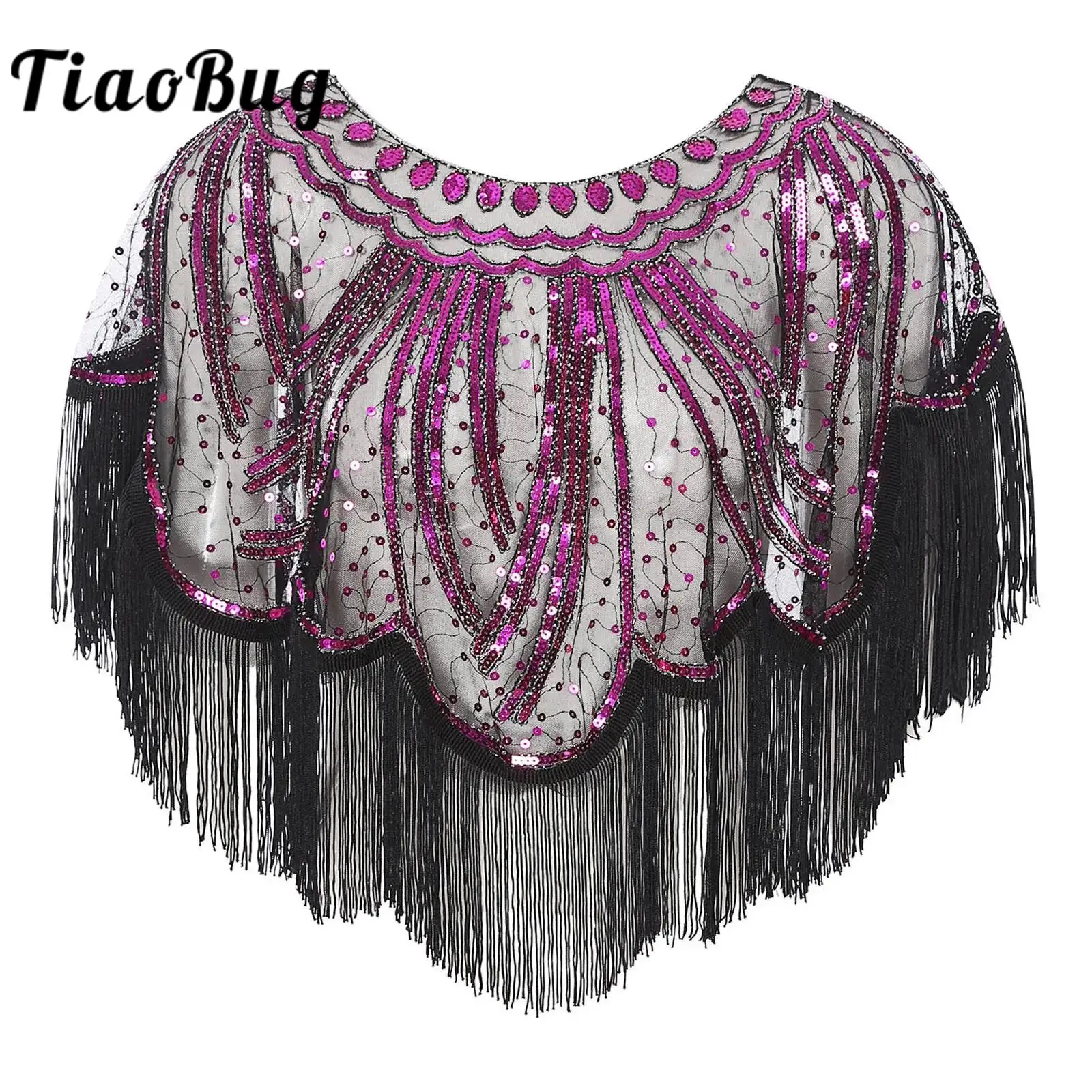 

Womens 1920s Vintage Tassel Sequins Shawl Round Neck Wraps See-Through Fringe Cape for Cocktail Party Cover Ups Accessories