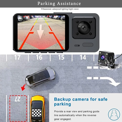 Imagen 2 del producto Cámara Wifi 3 Dvr para coche, cámara de salpicadero de 3 canales FHD 1080P, cámara de salpicadero Interior, grabadora de vídeo, caja negra, monitoreo de estacionamiento 24H