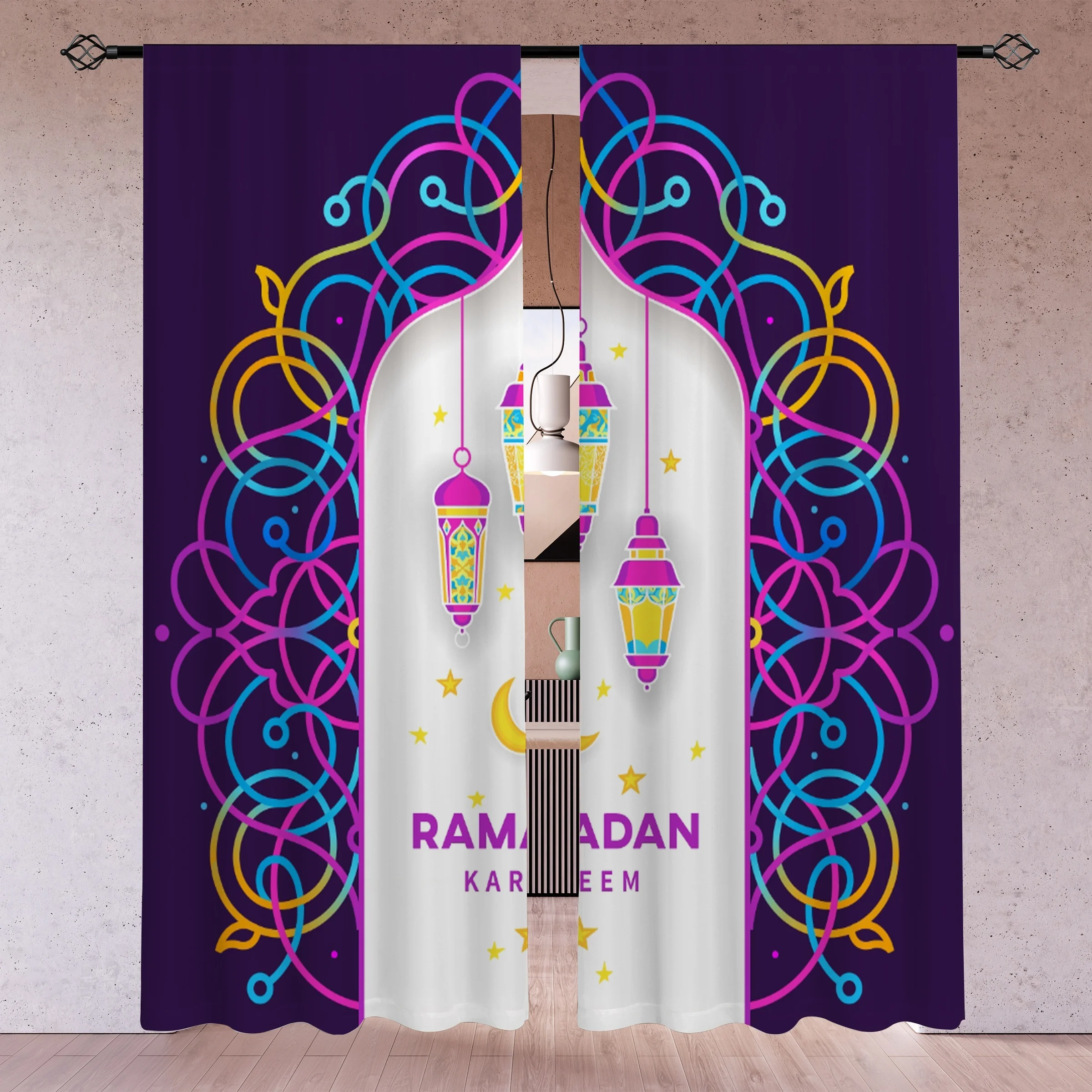 Ramadan Kareem Curtains Purple Islamic Lantern Moon Print Window Drapes Muslim Home Decor Blackout Fabric for Living RoomBedroom