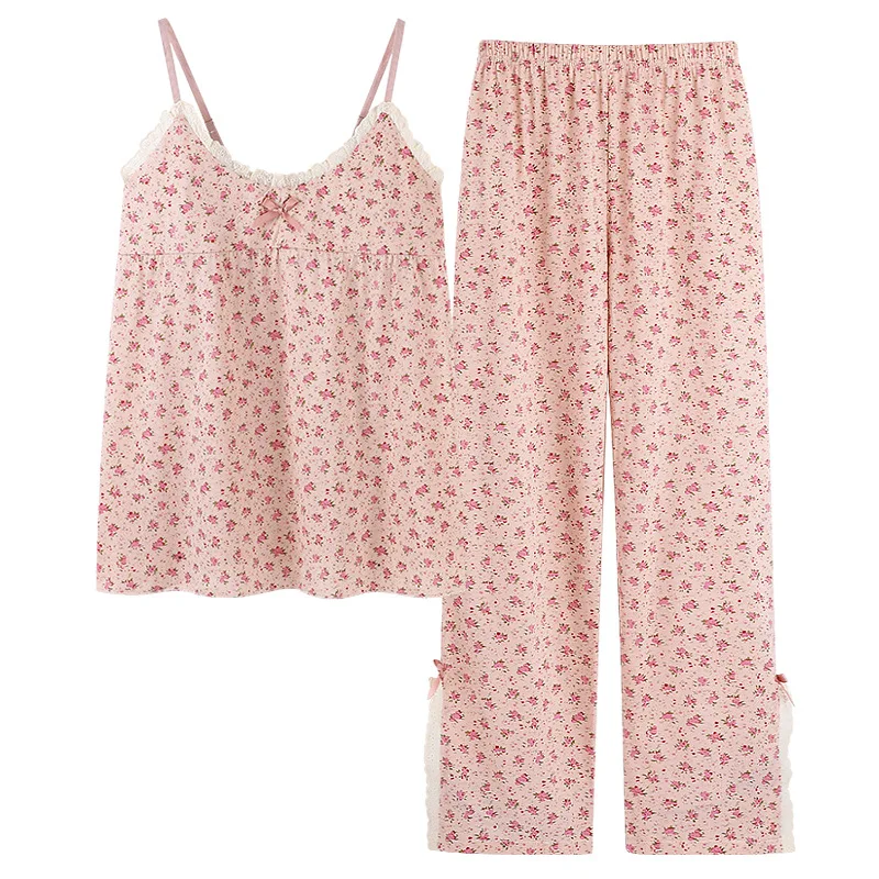 Conjunto de pijama con Top con tirantes finos y pantalones largos para mujer, ropa de dormir informal con estampado de flores, estilo Retro, para el hogar