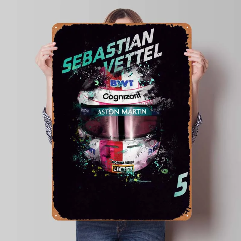 Sebastian Vettel F1 Helmet Tin Sign Man Cave Wall Art Vintage Metal Signs for Pub Club Garage Wall Decoration Art of Murals Room