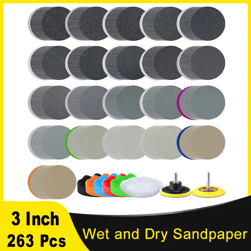 3 Inch  Sanding Paper Kit Assorted Grit 60-10000 Wet Dry Sander Sheets with 1/4 Shank Backer Plate for Car Polishing Tool