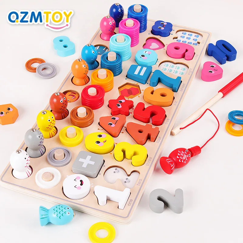 Montessori Kid Educational Wooden Math Toys Children Count Shape Colors Match Fishing Early Childhood Education Toys