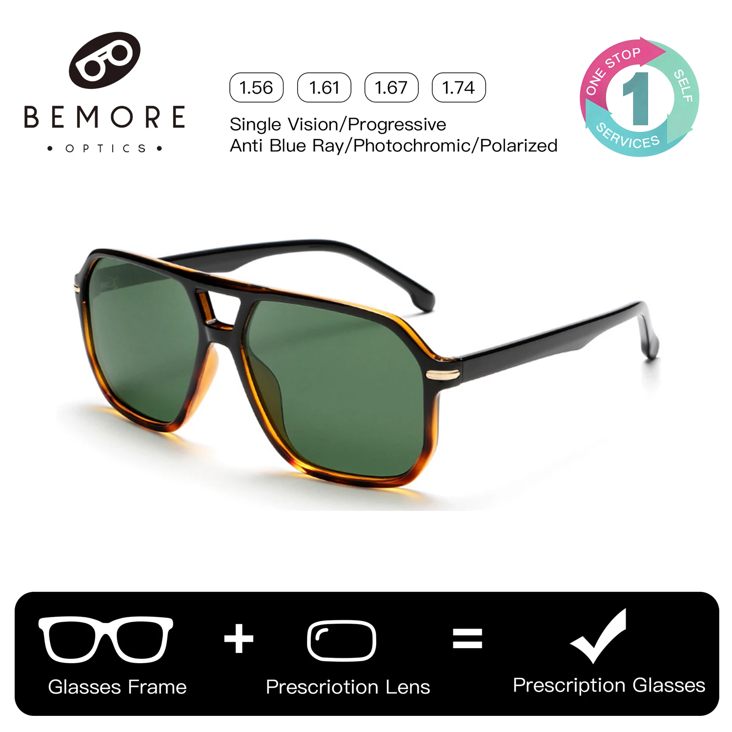 

BEMORE Pilot Prescription Sunglasses Plastic Titanium Polarized UV400 Sunscreen Men's Optical View Glasses