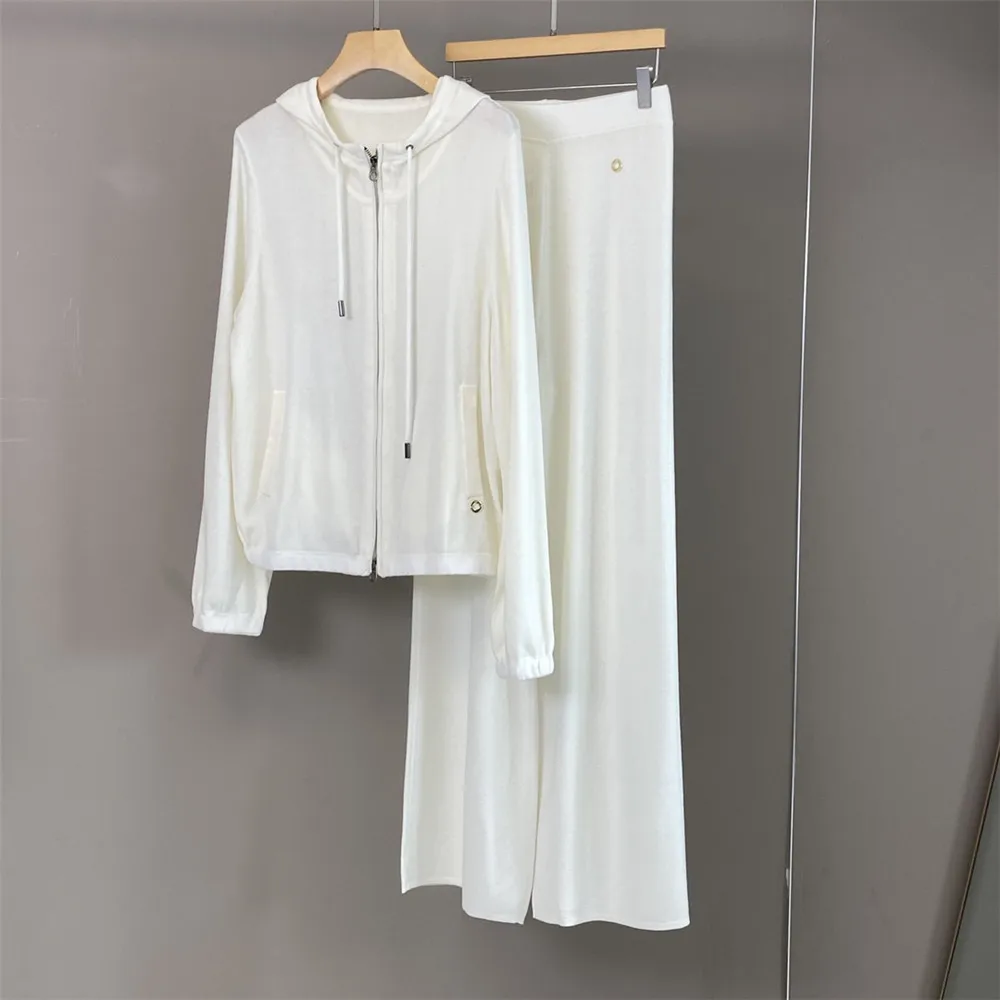 

25 Spring/Summer New Women's Hooded Zipper Wool Long Sleeved Cardigan+Casual Versatile Straight Leg Pants Set